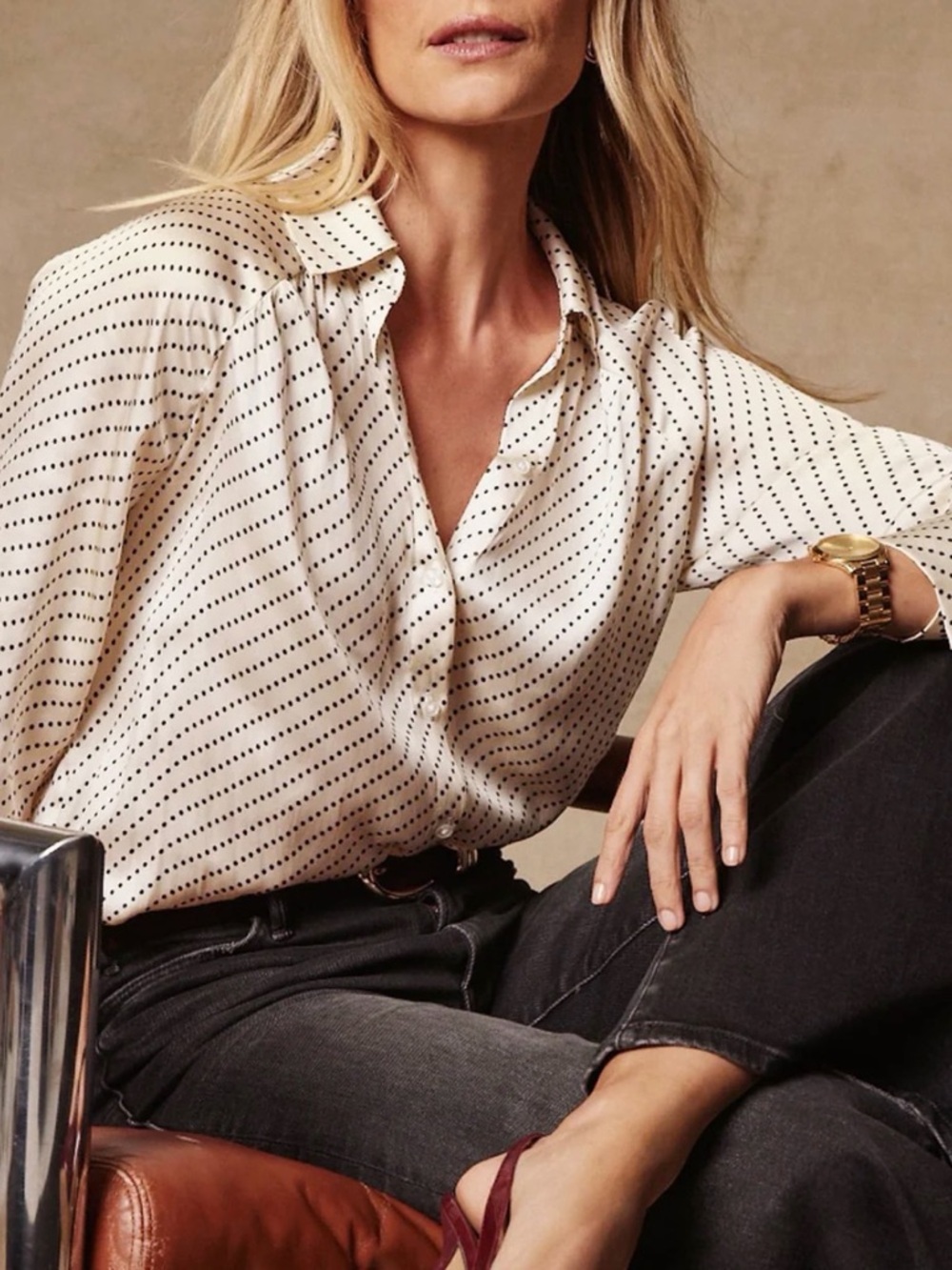 Evereve Monica Cream Button-Down Blouse with Black Dot Stripe